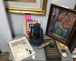 Insecticide sprayer & powder, cast iron cornbread pan, Doris garrington pastel, RR lantern 