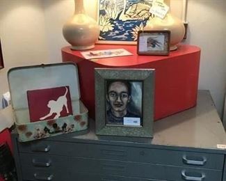 Lamps, file cabinet, vintage poster 