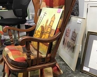 Early American chair with plaid tweed upholstery 