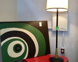 Mid century floor lamp, red Formica table, modern art swirl green painting 