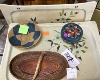 TV trays, baskets, painted box