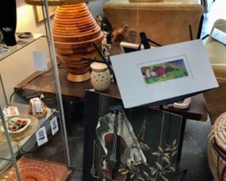 Art, display cabinet, paint by #s violin , jewelry 