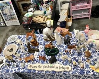 Dog & cat figurines, native basket