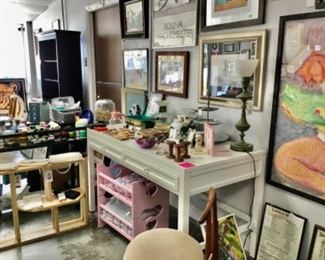 Desk/ drawered table, miscellaneous vintage