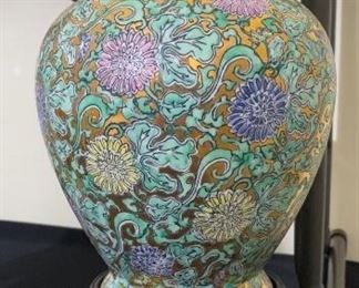 Vintage Cloisonne ginger jar on hand carved stand