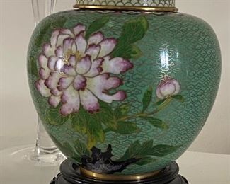 Vintage Asian Cloisonne ginger jar on hand carved stand