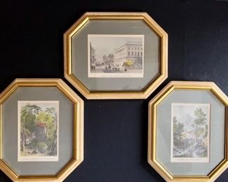 Various vintage hand colored framed lithographs