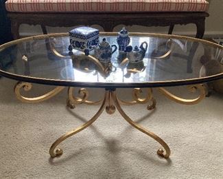 Vintage brass and glass coffee table; Blue & White pottery