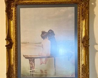Vintage print of girl and Laborador sitting on dock
