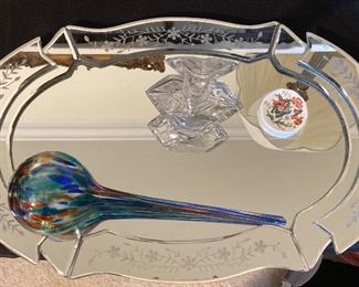 Studio Silversmiths etched layered display mirror; Italian perfume bottle; miniature plate; plant watering globe