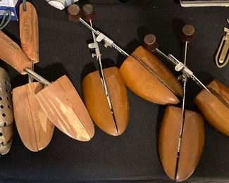 Various vintage shoe trees; brass eagle book mark