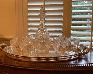 Silver plate tray; crystal cordial glasses; crystal decanter