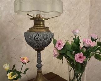 Victorian cast metal/brass parlor lamp; porcelain roses; porcelain vase hand painted; glass vase