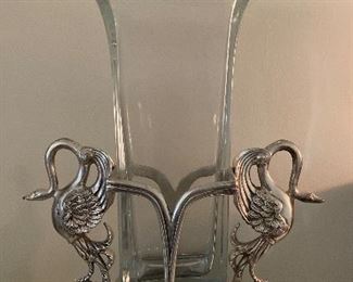 Castilian Imports crystal vase & silver plate swan stand