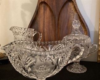 Vintage crystal pedestal dish, creamer and sugar