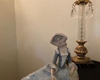 Casade figurine; glass, brass & crystal drop candleholder