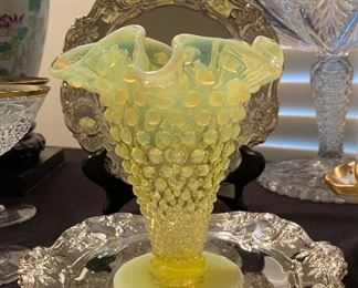 Yellow Opalescent hobnail trumpet vase