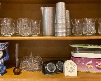 Vintage pineapple glasses; vintage hammered aluminum pitcher & glasses; blue & white planter; vases; butter dish; vintage timers; Vadalia onion chopper