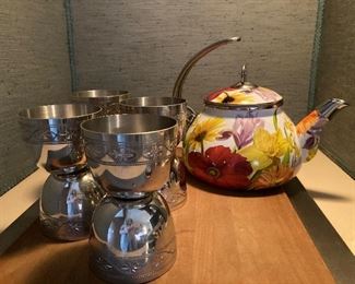English Pewter cups; Pioneer Woman tea kettle