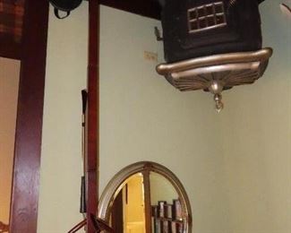 Vintage Oak Hat Rack - Oval Mirror - Another picture of antique stove