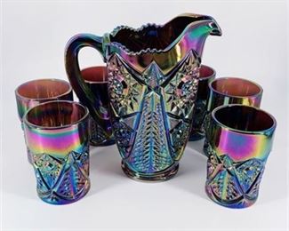 Lot 808
LE Smith Hobstar Valtec Carnival Glass Pitcher Tumbler Set