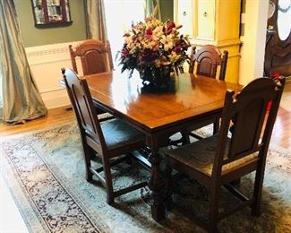 $695, antique dining table with extending leaves and 5 chairs, 37h x 40w x 60l without leaves, 96 with leaves