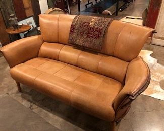 $1500, Pacific Green leather and palm wood sofa