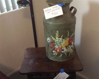 Antique painted milk can, side table