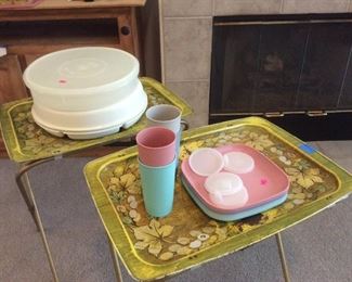 Vintage tray tables and Tupperware 