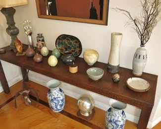 Faux Crocodile Sofa Table - $525;  w/ a Collection of Mid-Century Pottery by Frank Willet, Paul Fryman, Ira Boles, Jade Snow Wong, etc - $7 - $125; Vintage Chinese-Style Pewter Lamp - $375
