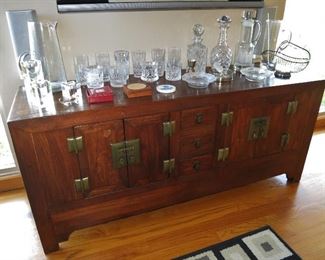 Asian Teak Console Cabinet - $575 - SOLD!;  w/ Assorted Cut Crystal Decanters, Pitchers, Tumblers and Rocks - range $10 - $85