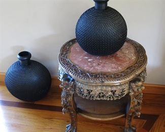 Antique Chinese Marble  SOLD Top Side Table - $750;  with a pair of Mid-Century Black Terracotta Vases ( smaller vase - $135; large vase - $190)