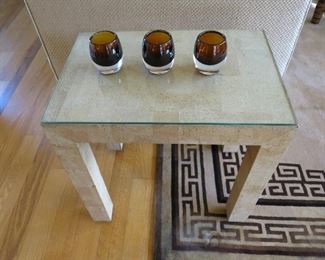 Pair 1970's Cork Parsons Tables - $400 - SOLD;   Amber Votives, set of three - $15