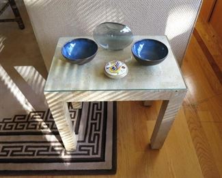 1970's Cork Parsons Table - $400 for pair SOLD;    Retro Bowls - $12 -$28; Majollica Dish - $22; Finnish Vase - $45
