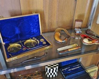 Two Meerschaum Pipes in Cases; Bakelite / Meerschaum Cigarette Holder w/ Case; Brass Jewelry Scale in Case