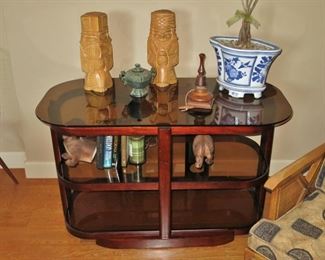 Deco Style Tiered Side Table - $265; Carved Figurines - $65 each; Planter - SOLD