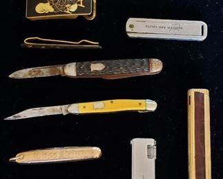 Collection of Vintage Pen Knives, Cigarette Lighters, and Gold/Silver/Enamel Japanese Belt Buckle & Tie Clip