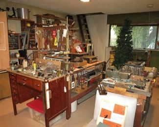 A Jeweler's Work Table - $525;  and TONS of Tools, Power Tools, Cans and Jars FULL of Screws and Nails and Nuts and Bolts and Washers and Swatches, and Art Supplies and Paint Brushes and .....