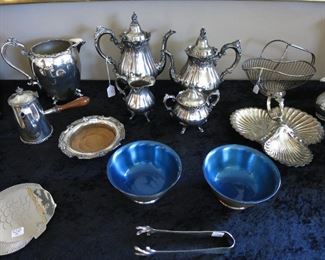 Wallace Grand Baroque Silver Plate  4 pc. Tea Service - $380; Retro Italian Silver Plate Wine Caddy;  Silver Plate Shell Candy Server;  Pair, Retro Enamel Silver Plate  Bowls; Silver Plate  Wine Coaster;  Silver Plate Water Pitcher; Antique Silver Plate  Chocolate Pot;  Silver Plate  Fish Trivet