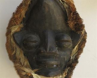 African Tribal Mask w/ Fur, Hide and Straw Trim - $485