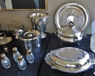 Hollywood Regency Silver Plate Champagne Bucket - $200; Retro Silver Plate Ice Bucket - $125;  round Silver Plate  Tray, $55;  Round Lidded Silver Plate Server w/ Pyrex Liner - $55;  Oval Ornate Silver Plate  Veggie Server w/ Pyrex Liner - $65; 2 Pair Crystal Gold Rim S & P Shakers