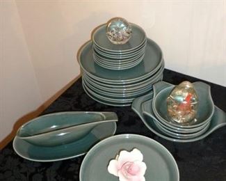 Russel Wright Steubenville American Modern Seafoam gravy boat, lug bowls, lug serving bowl, 10 in, 8 in and 6 in plates.