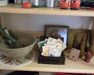 Texasware bowl, green handled utensils, vintage blank gift card, mid-century items.