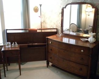 Mahogany Full bed frame includes headboard, footboard, side rails and slats.  Nightstand, dresser with swing mirror.  