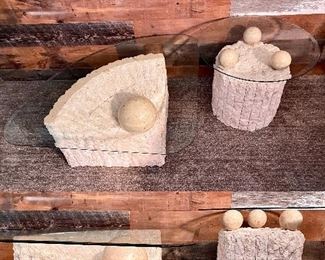 Vintage Geometric glass top contemporary tessellated stone ball coffee table and end table set 