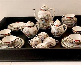 Vintage tea set and large black serving tray