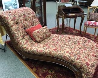 Down filled fainting sofa. A unique option for lounging in elegant, old world style. Curvy wood frame, fully tufted. Perfect for napping, reading, or whatever!