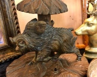 Carved boar lamp base