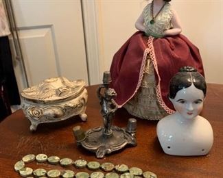 Pin Lady Trinket Box Thimble Holder and Doll Head