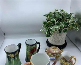 Porcelain Sugar, Creamer, Vase, and Mugs